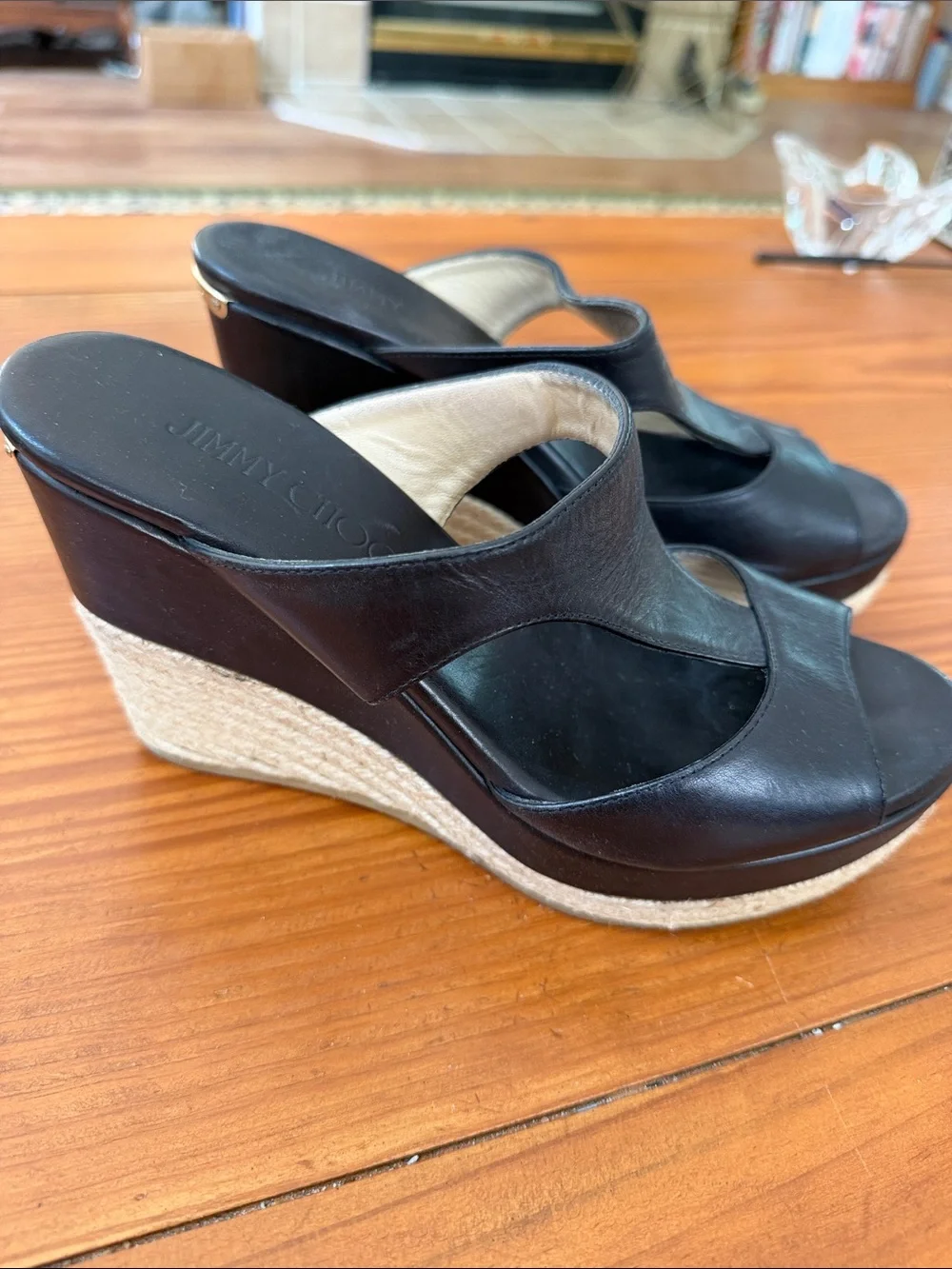 Jimmy Choo Black Leather Espadrille Wedge Mules, EU 37.5 (US 6.5)